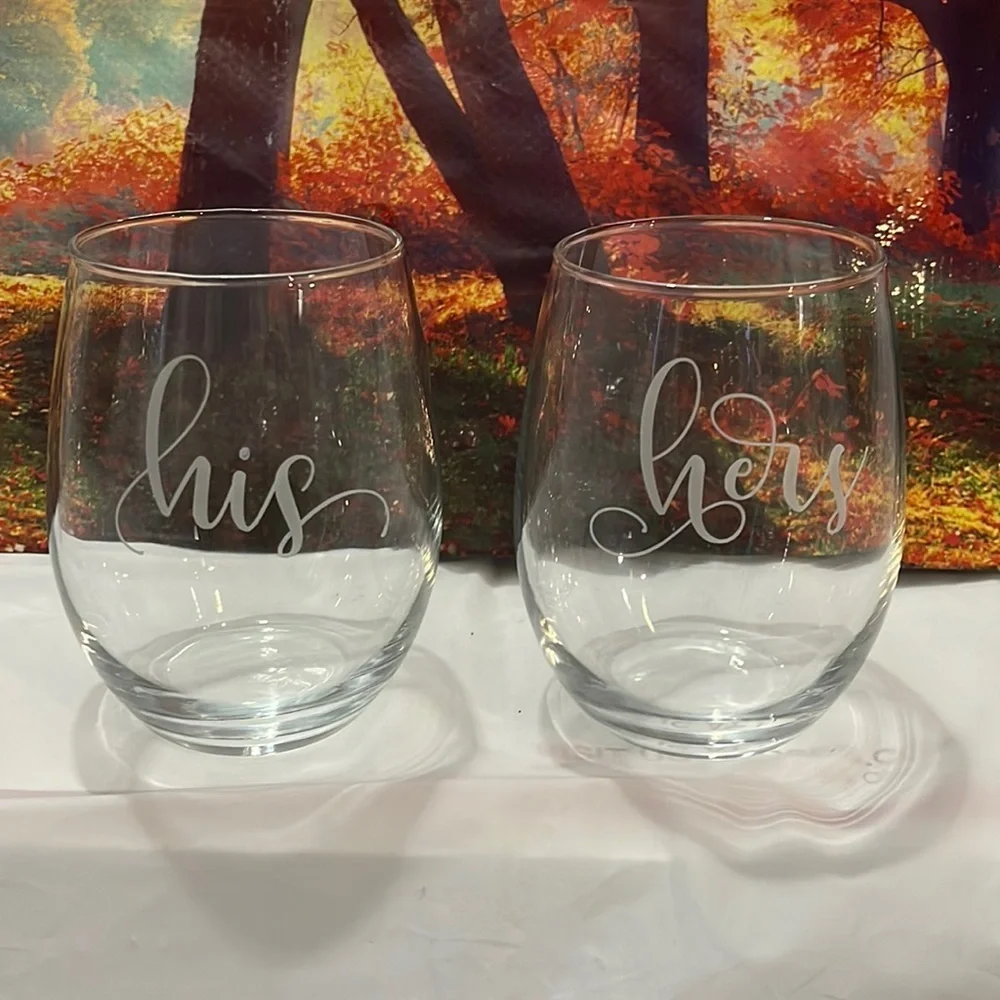 His and Hers stemless wine glasses clear glass with frosted lettering 5”Tx3”W - Picture 1 of 3